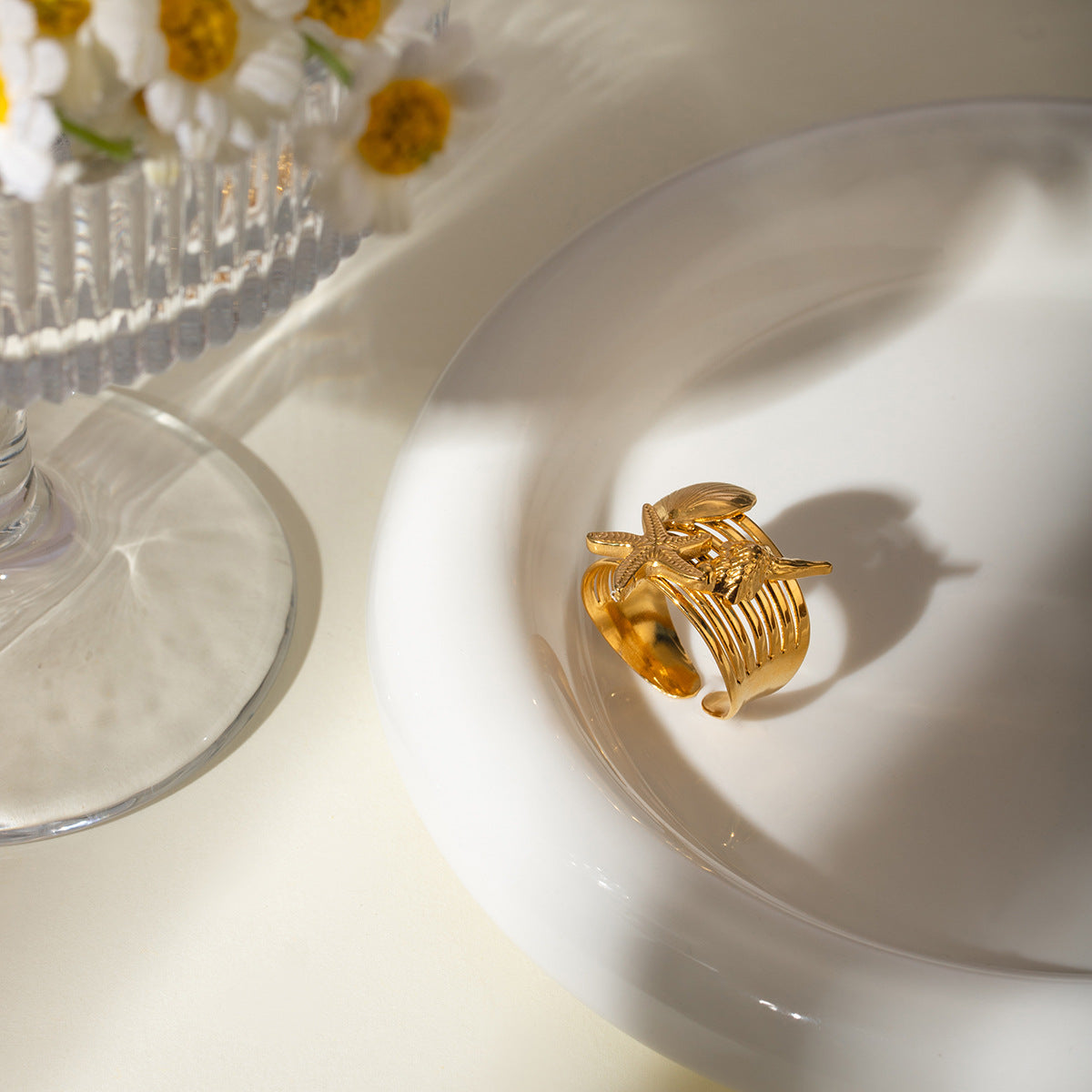 Wholesale 18k gold stainless steel starfish conch shell-shaped open ring