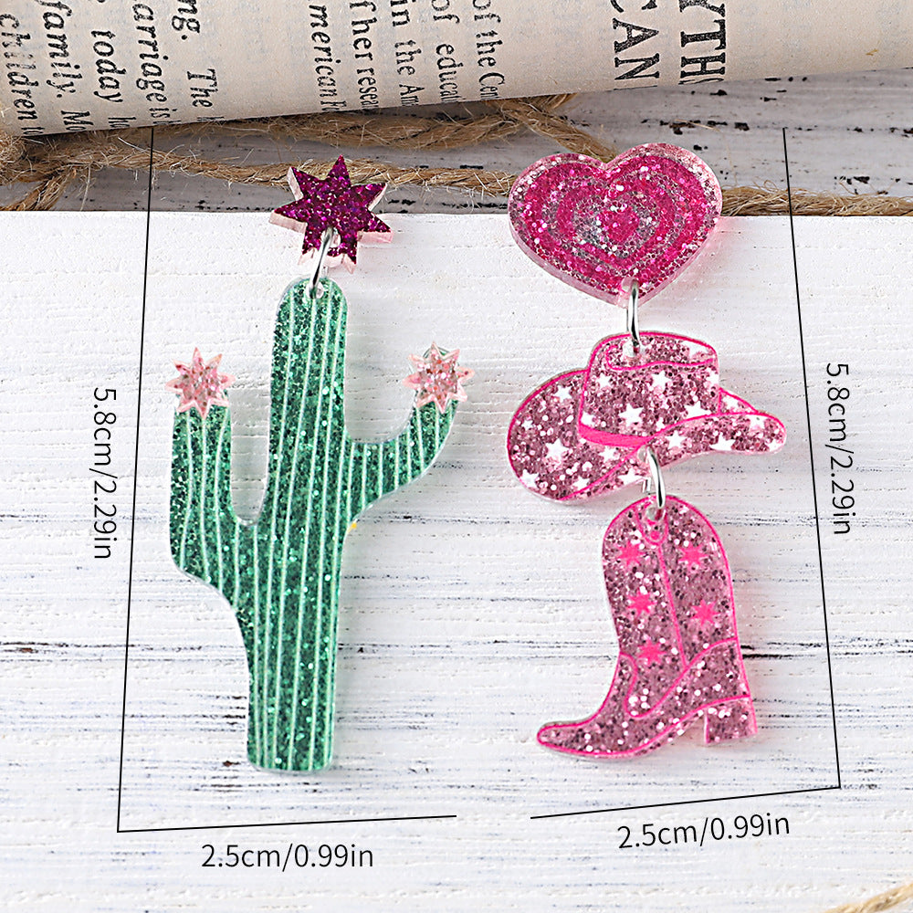 Wholesale  Western Style Cactus Denim Hat Boots Sequin Acrylic Pendant Earrings