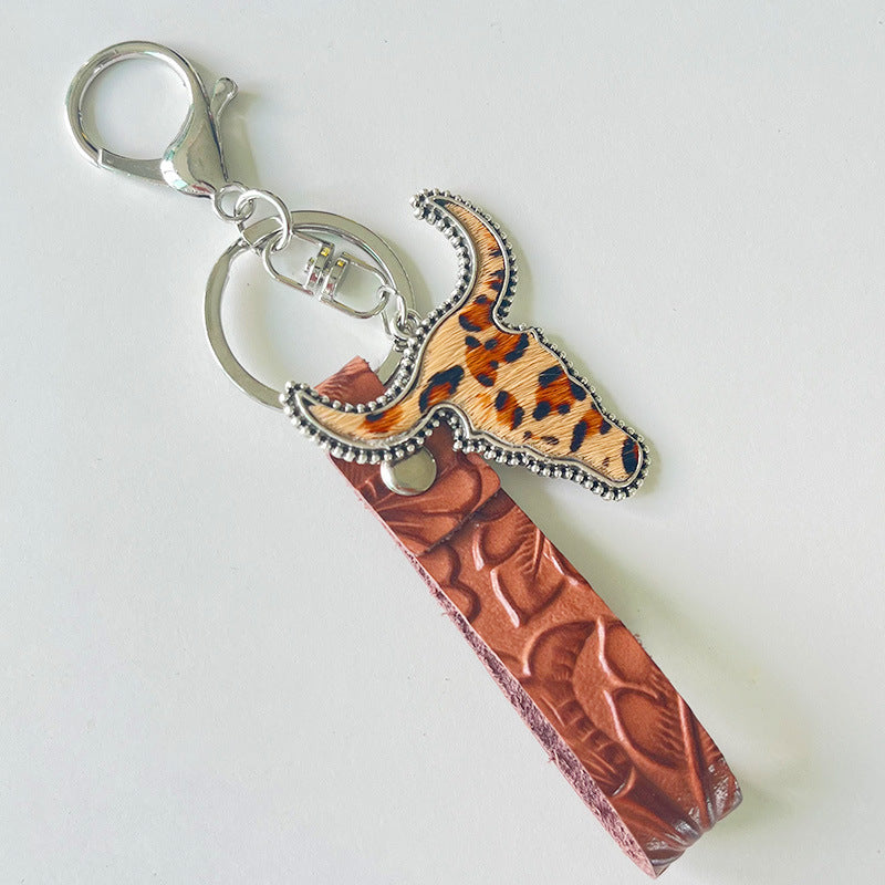 Wholesale of 2pcs/pack Western Style Cowhead Genuine Leather Keychains ACC-KC-HY002