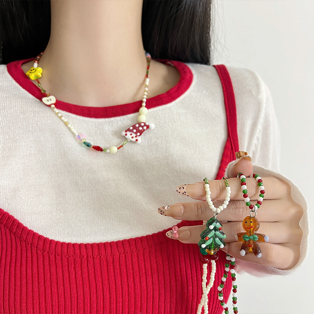 Wholesale Christmas Tree Colorful Gingerbread Man Beaded Necklace