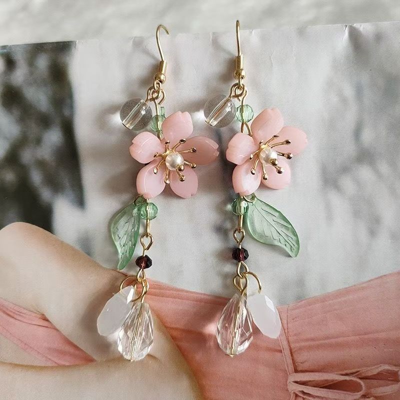 Wholesale Resin Flower Ear Hook Long Cherry Blossom Leaves Retro  Earrings