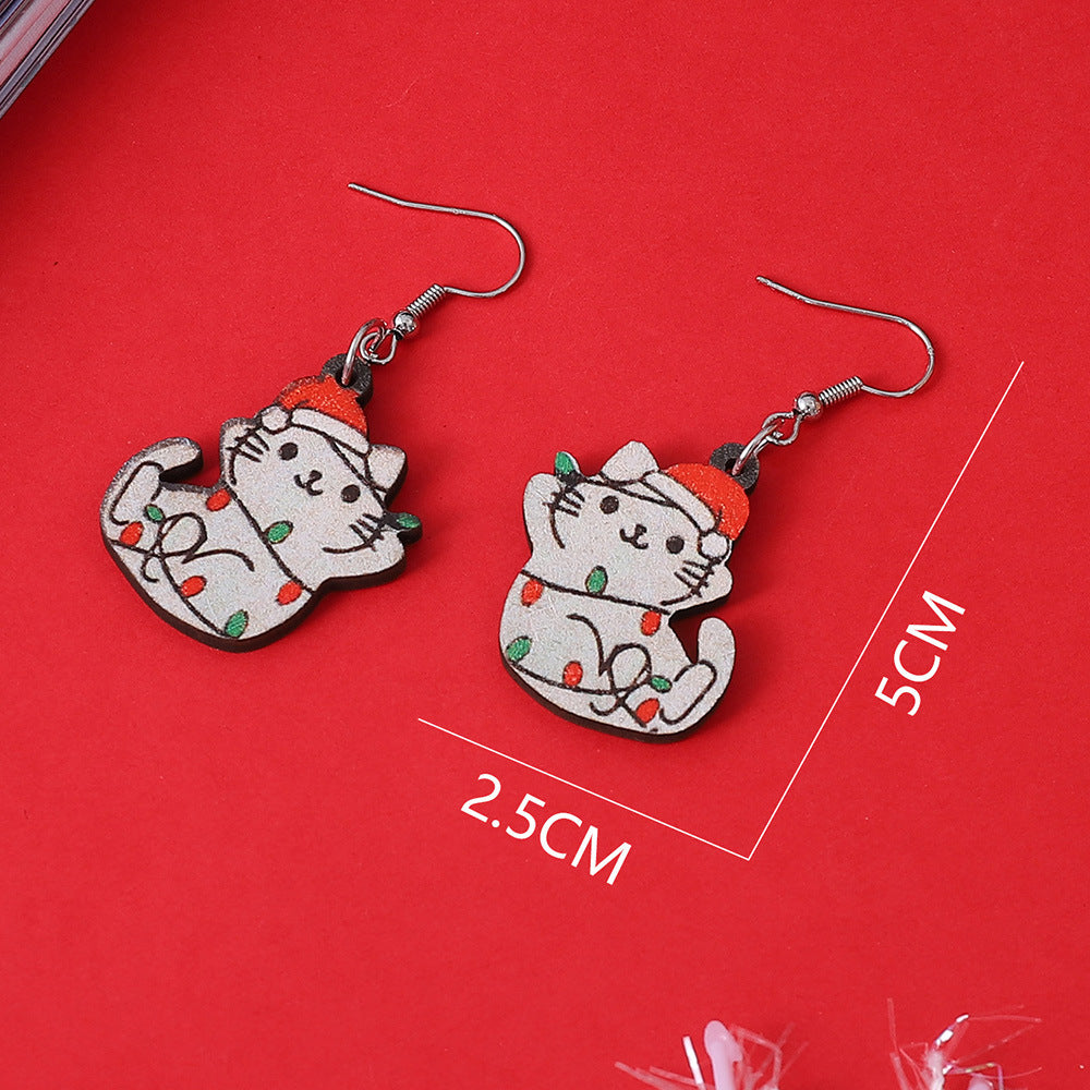 Wholesale Christmas lights cat pendant wearing a Santa hat wooden double-sided earrings