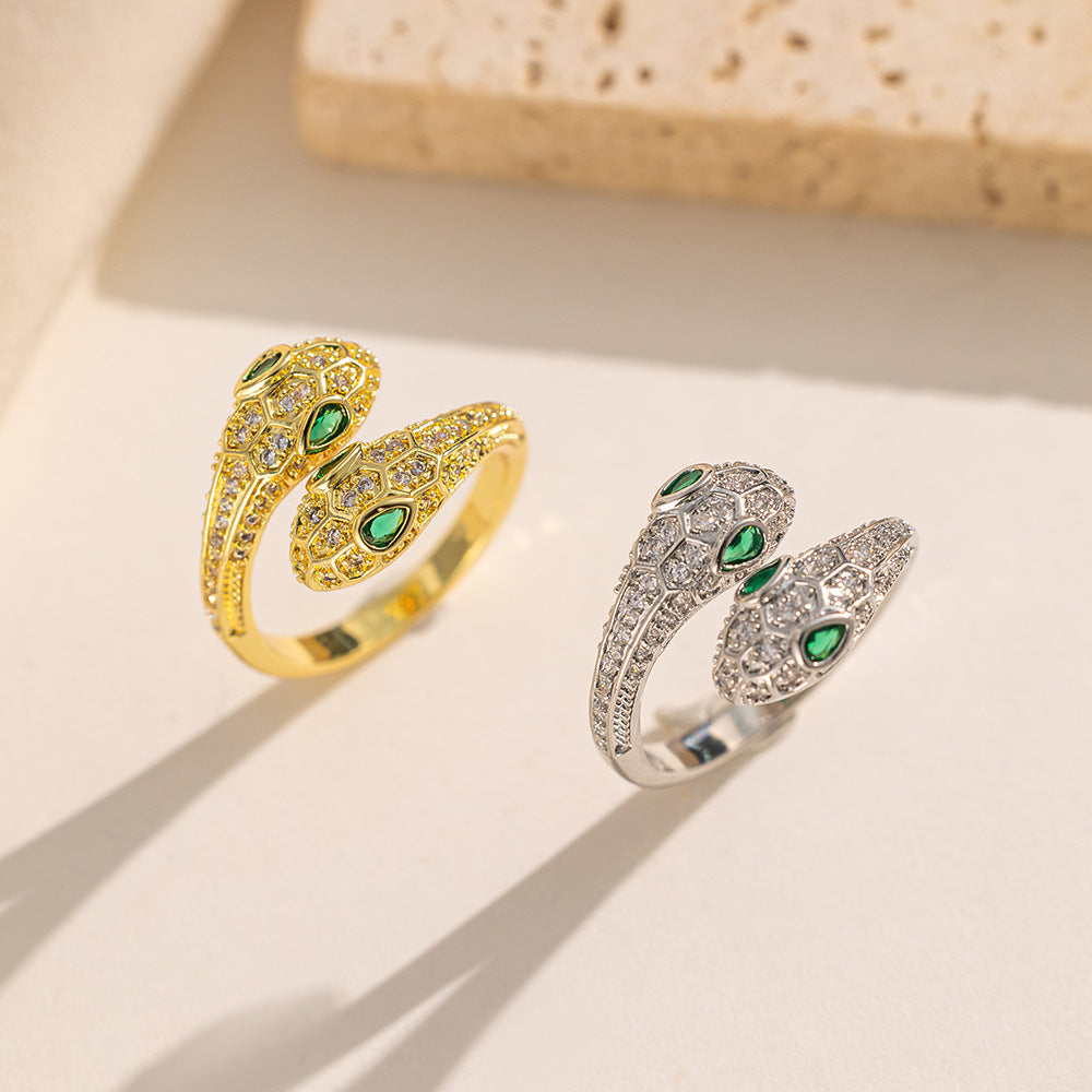 Wholesale Titanium Steel Micro-paved Zirconia Double-headed Snake Ring