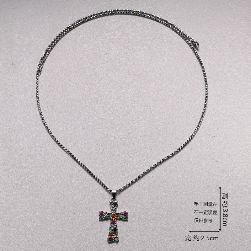 Wholesale Stainless Steel Rhinestone Cross Pendant Necklace,  Trendy Sweater Chain Jewelry Accessory for Everyday Wear