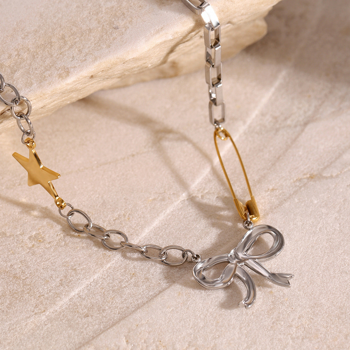 Wholesale 18k gold stainless steel gold and silver color matching chain bow chain