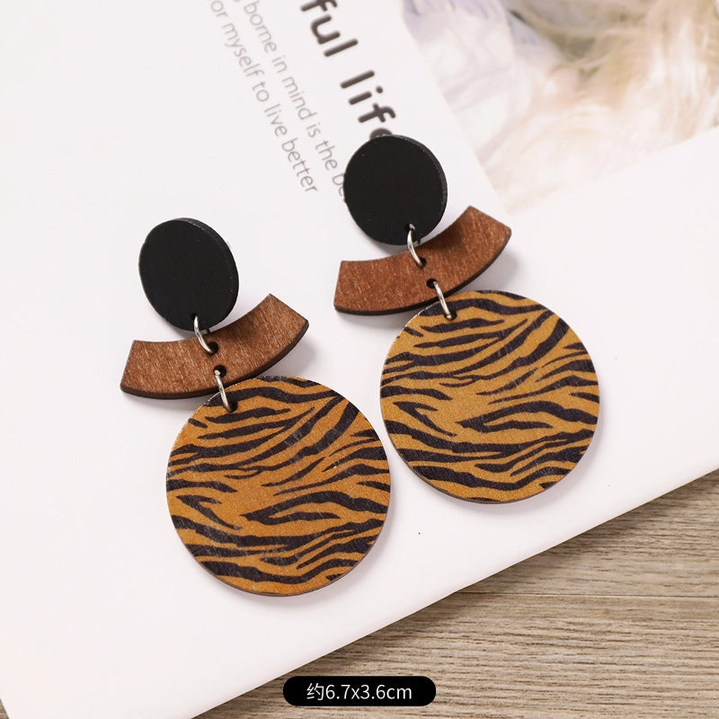 Wholesale Bohemian Wooden Ear Studs Geometric Stripe Ethnic Print Fashion Jewelry Accessory Boutique Gift
