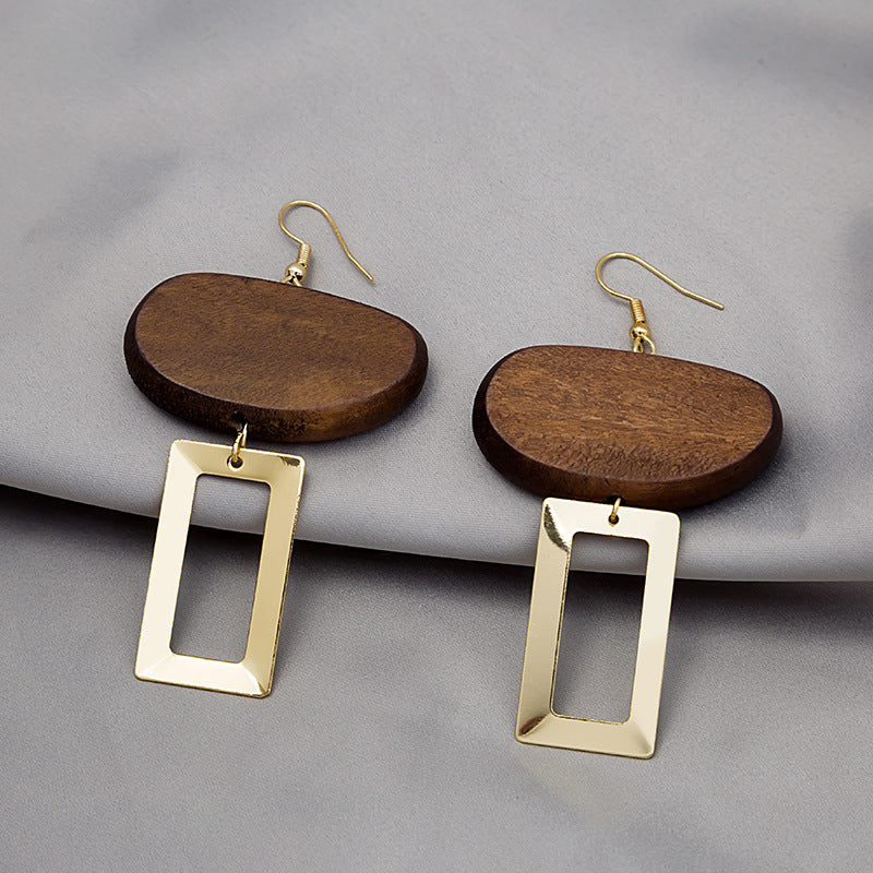 Wholesale Retro Geometric Wood Exaggerated Water Drop Hollow Bohemian Earrings
