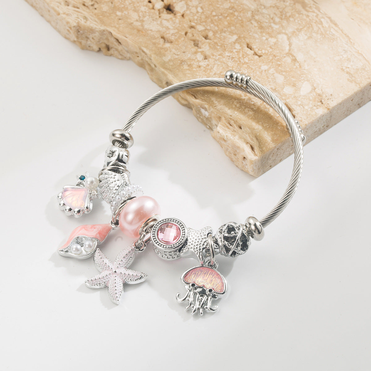 Wholesale Trendy Blue Ocean Themed Stainless Steel Bracelet With Zircon Starfish Pearl Jellyfish Pendants Adjustable Bangle Jewelry Accessory