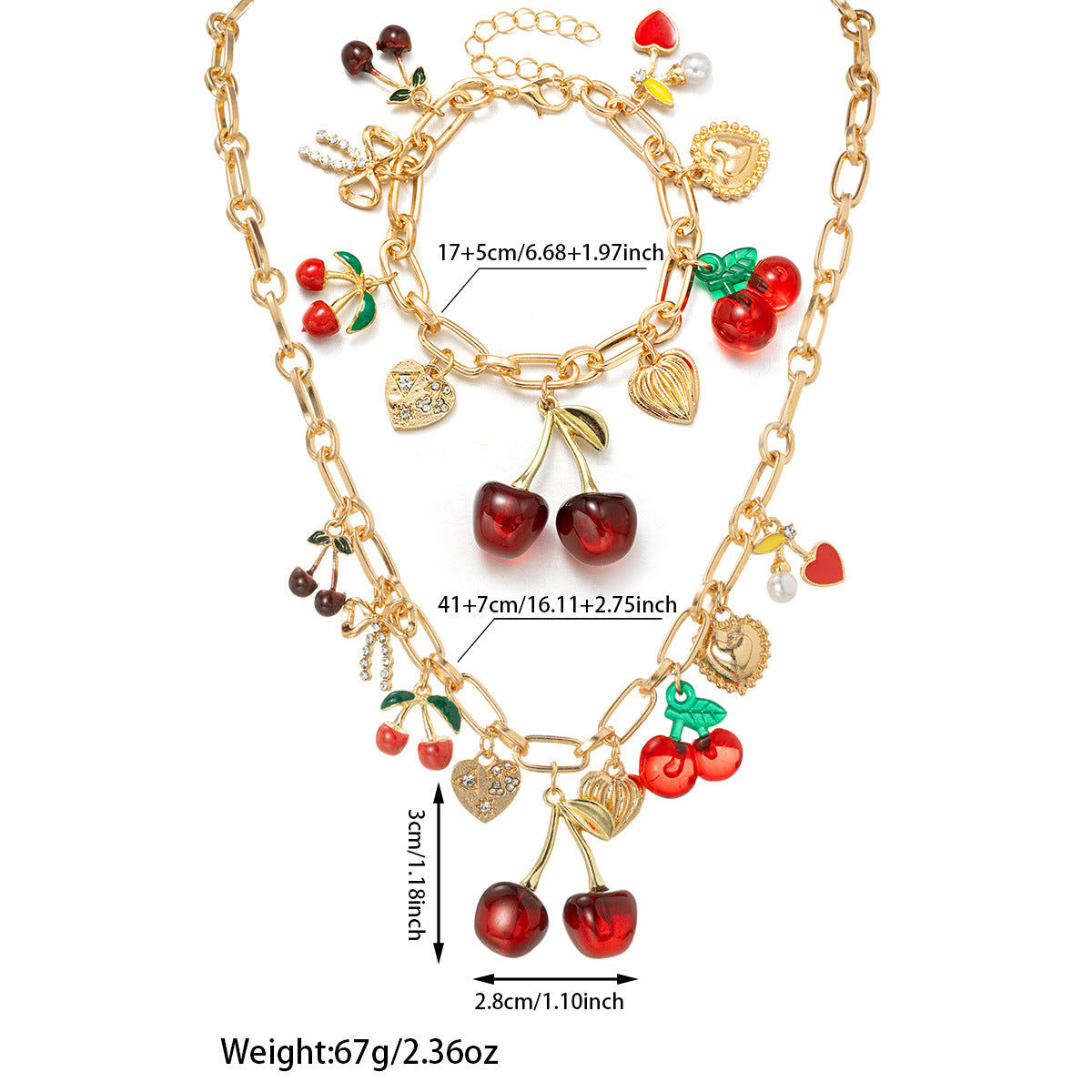 Wholesale Cherry Heart Bow Pendant Bracelet Necklace Set