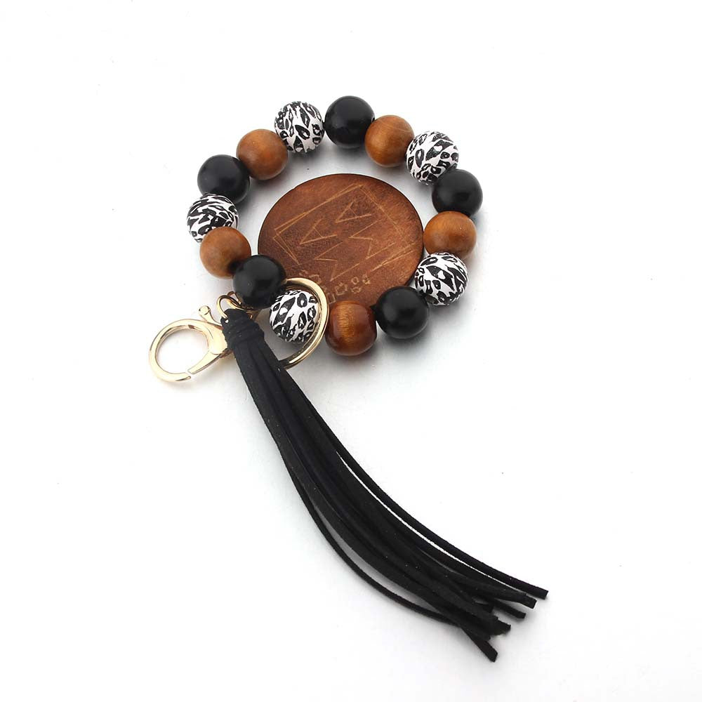Wholesale Leopard Print MAMA Mother's Day Wooden Beads Beaded Keychain Wristlet Keychain ACC-KC-JinAn010