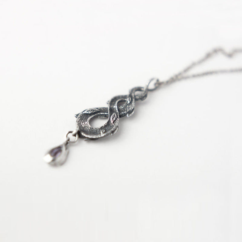 Wholesale Vintage Forest Snake Leaf Amethyst Pendant Necklace,  Alloy Electroplated,  Women' s Fashion Jewelry for Gift,  Boutique Resale