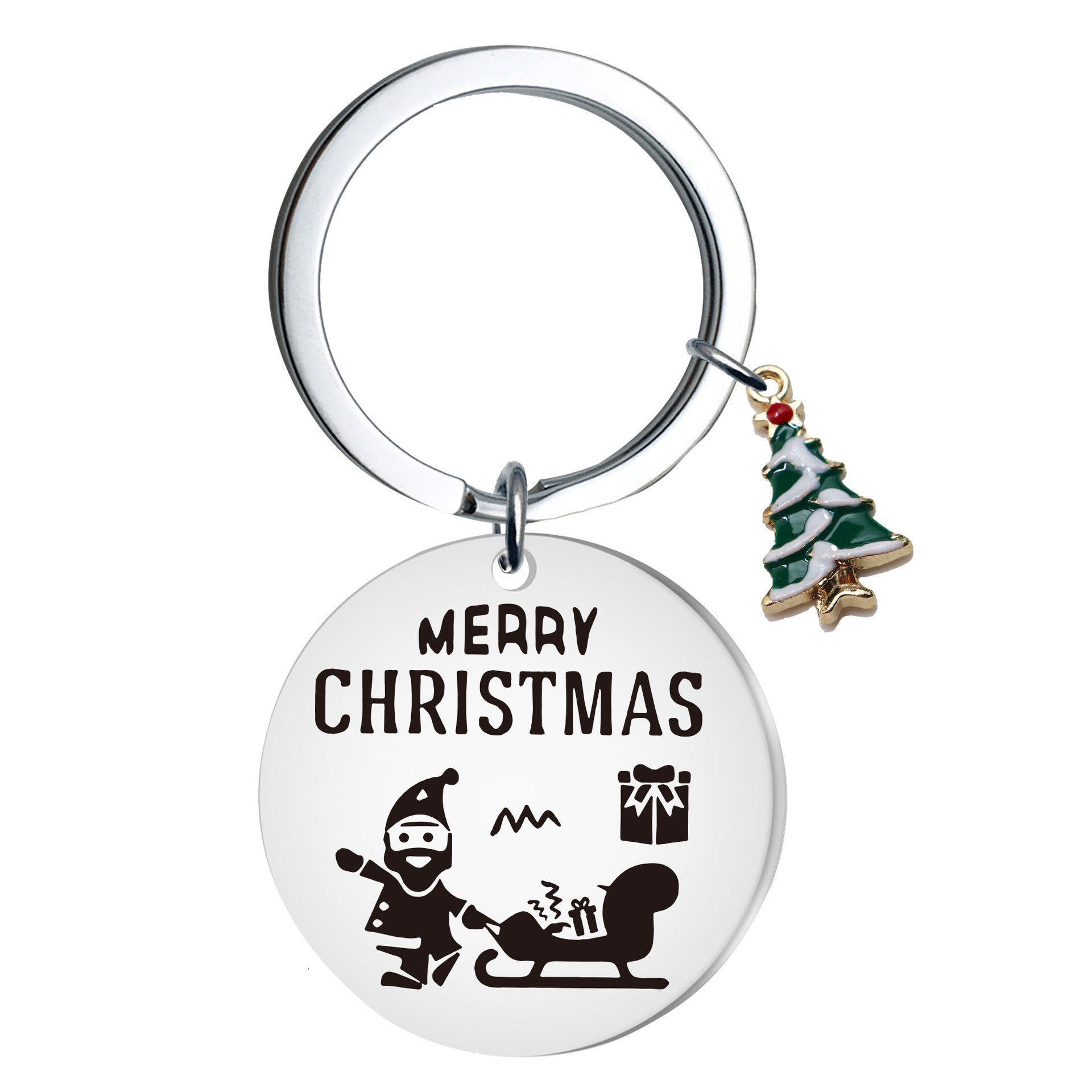 Wholesale Stainless Steel Christmas Tree Keychain Engraved Round Pendant For Car Key And Bag Holiday Gift