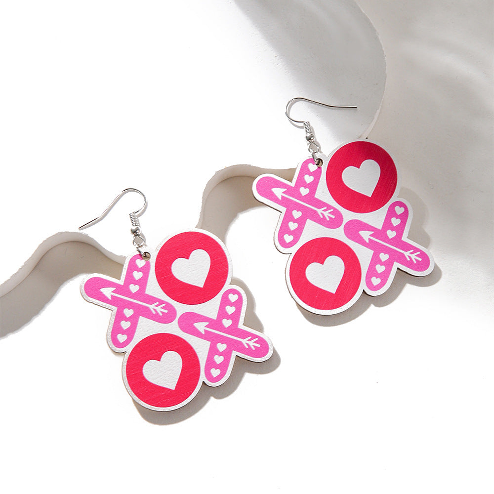 Wholesale Cute Pink Wood Printed Valentine's Day Earrings