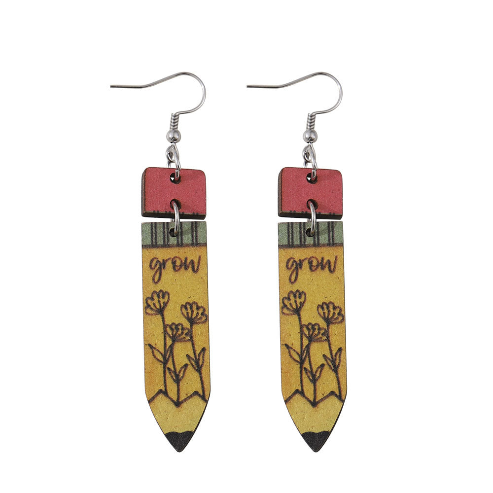 Wholesale  Teaching and Learning Rainbow Pencil Double-sided Wooden Earrings