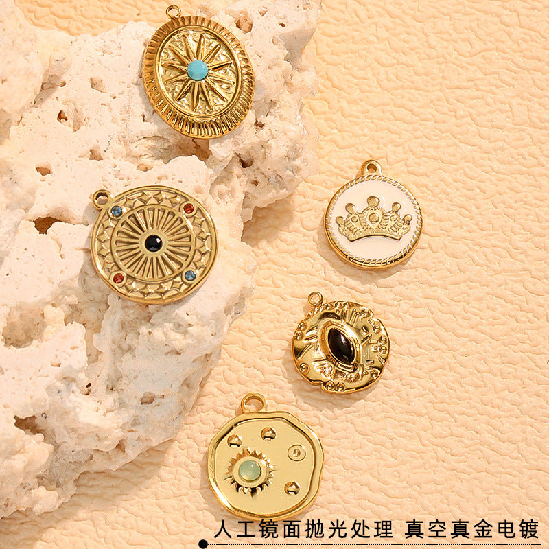 Wholesale Stainless steel round pendant micro-set with turquoise cat' s eye stones charms