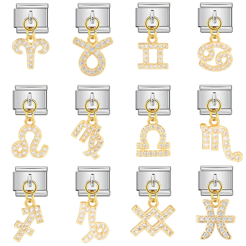 Wholesale 12 Zodiac Signs Rhinestone Pendant Bracelet Stainless Steel Fashion Jewelry Accessory Gift For Boutique Resale