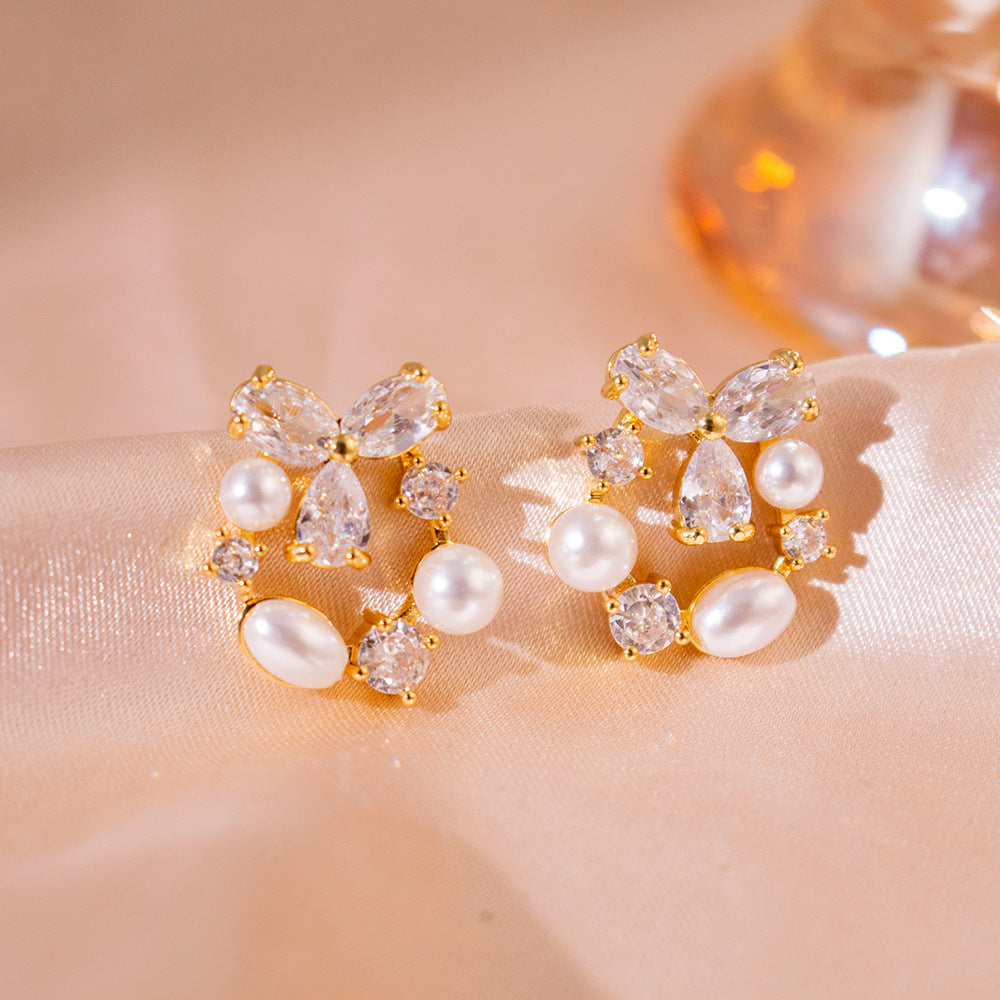 Wholesale Super shiny zircon three-leaf flower pearl earrings