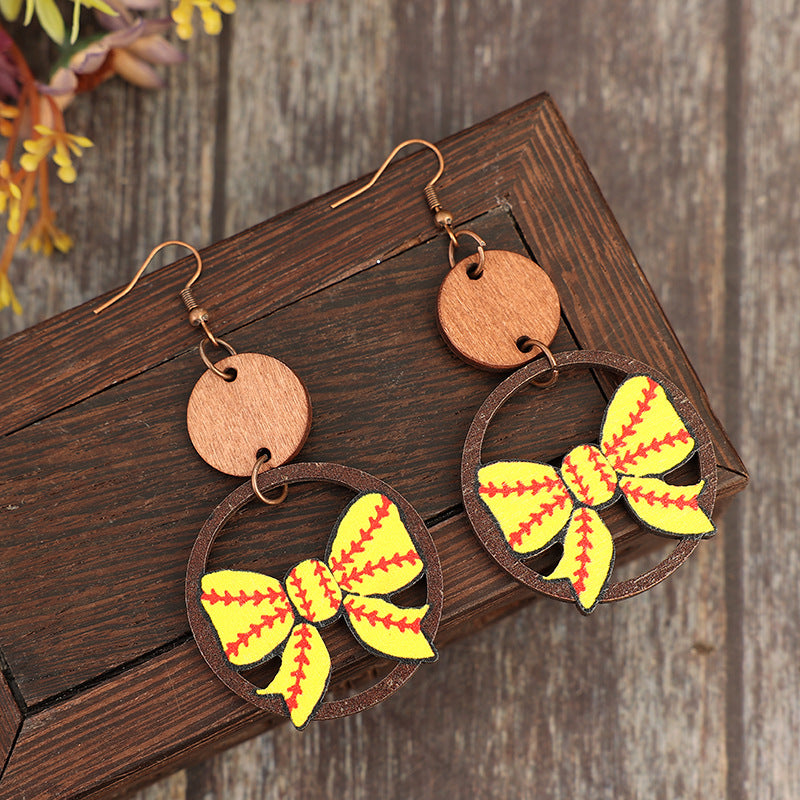 Wholesale Creative hollow ring stitching bow baseball pattern sports style wooden earrings