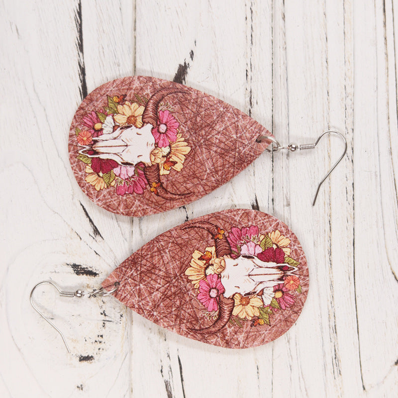 Wholesale Western Style Old Style Cow Head Flowers  Leather Earrings