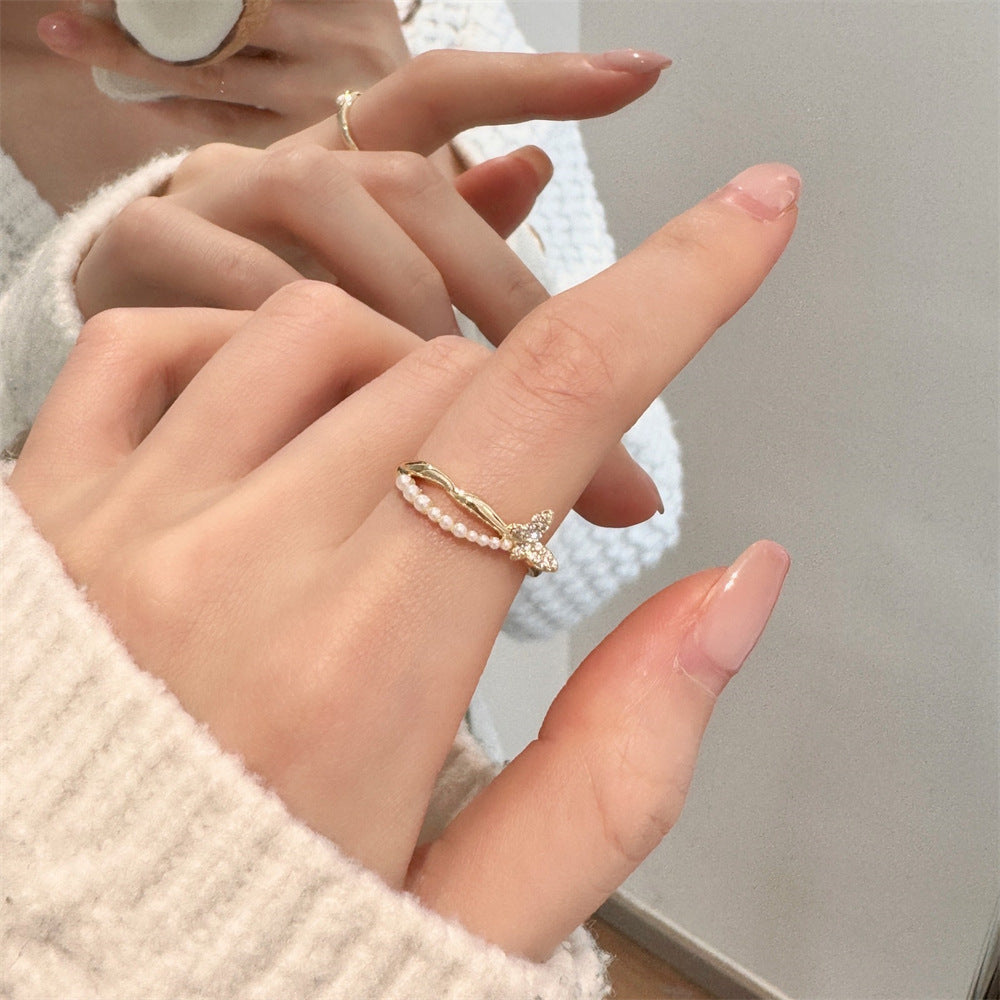 Wholesale Colored Enamel Butterfly Ring Pearl Open Ring ACC-RS-Yues008