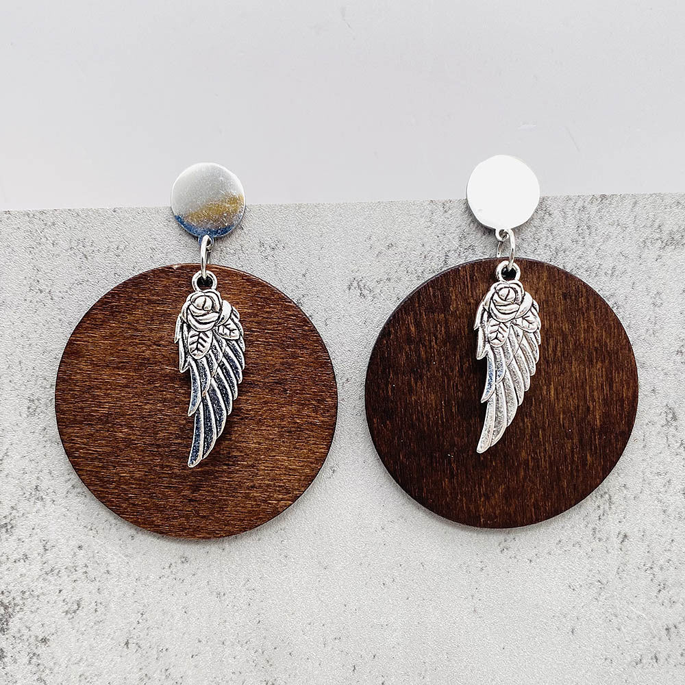 Wholesale Vintage Wooden Cross and Feather Earrings