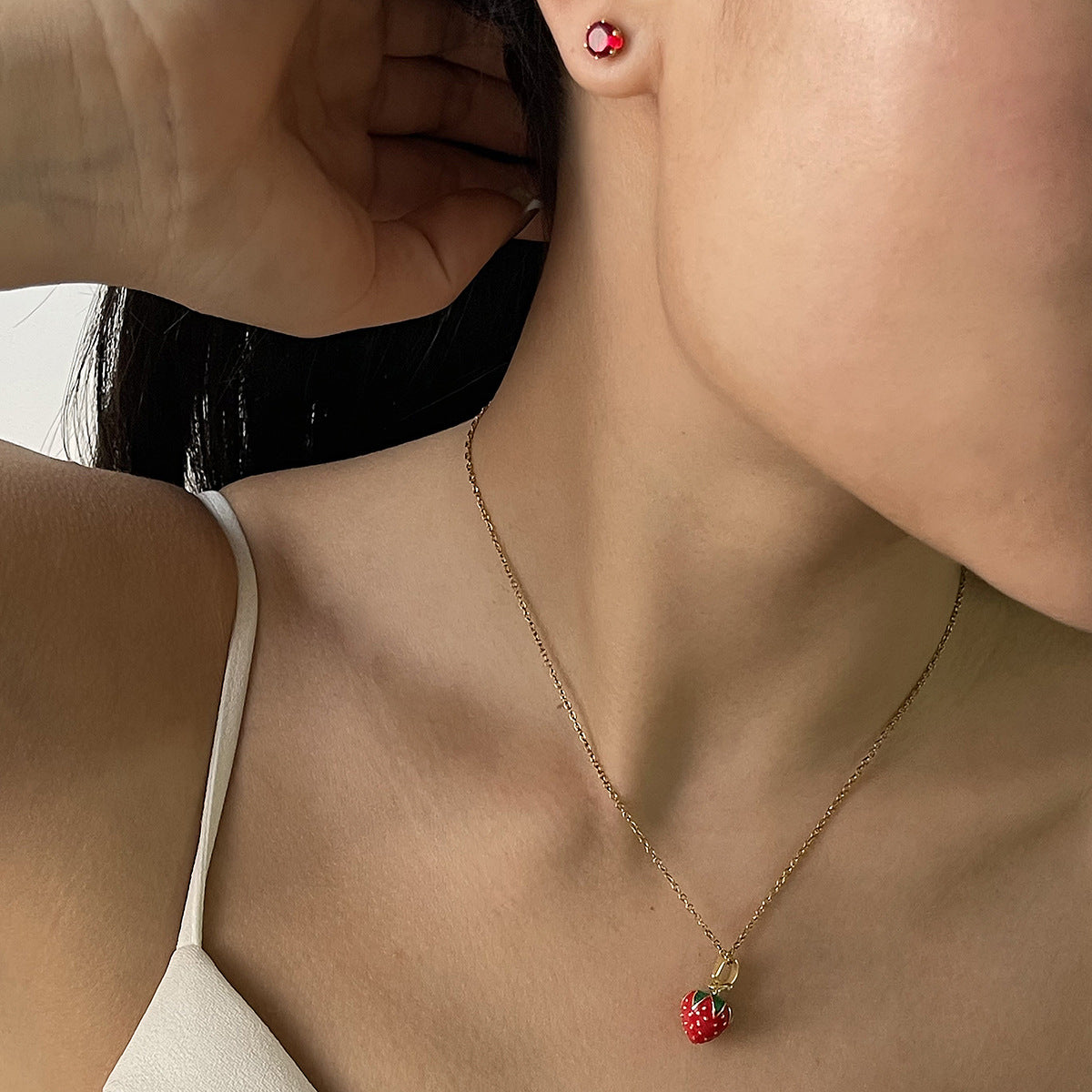 Wholesale  Fruit Series Strawberry Cherry Oil Pendant Stainless Steel Earrings Necklace Jewelry suit