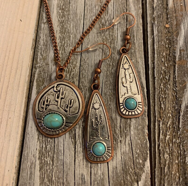 Wholesale Retro Cactus Turquoise Necklace and Earring Set Vintage Bronze Jewelry Fashion Accessory for Party or Gift