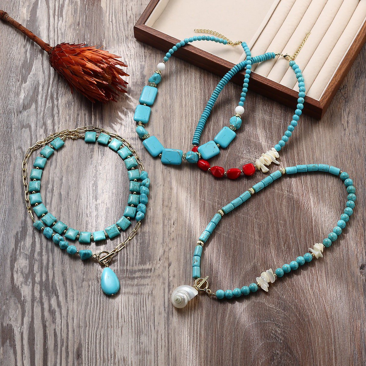 Wholesale Natural Turquoise Beaded Bohemian Ethnic Style Double-Layer Necklace