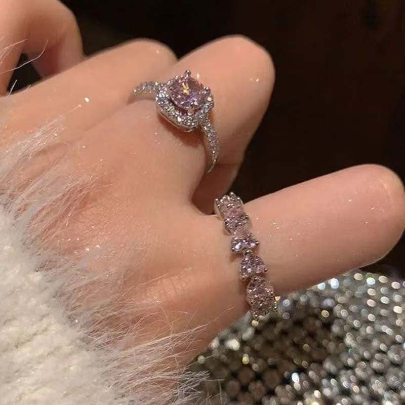 Wholesale Sugar Cube Pink Ring~Zirconia Diamond-Studded High-End Luxury Open-Ended Index Finger Ring with Row of Diamonds and Heart-Shaped Stackable Rings for Women