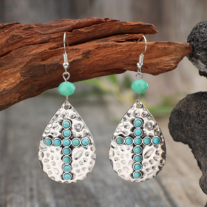 Wholesale Bohemian Drop-Shaped Hammered Earrings with Synthetic Turquoise Cross,  Zinc Alloy Electroplated - Trendy Jewelry Accessory