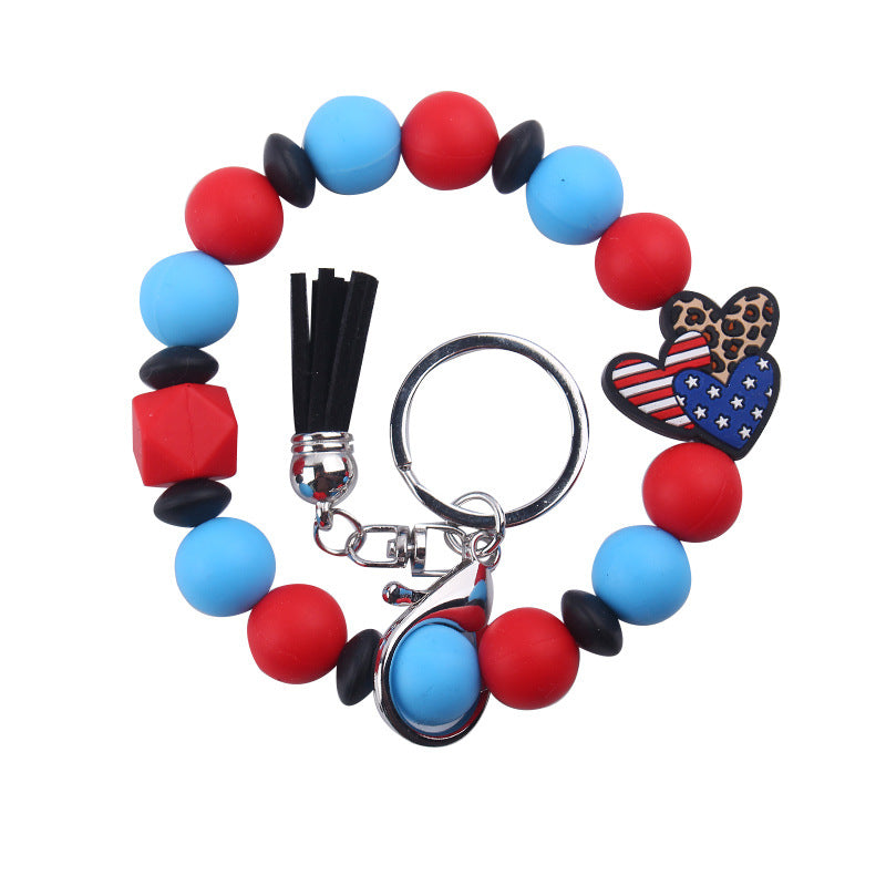 Wholesale Wristlet Keychain New Keychain Pendant Leather PU Short Tassel Silicone Beads Independence Day Bracelet Keychain ACC-KC-GuangTian037
