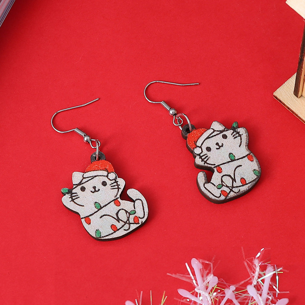 Wholesale Christmas lights cat pendant wearing a Santa hat wooden double-sided earrings