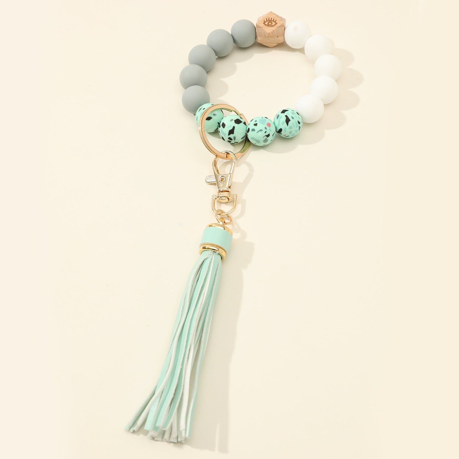 Wholesale Silicone Beads Bracelet Wooden Beads Keychain Wristlet Keychain ACC-KC-Jinz003