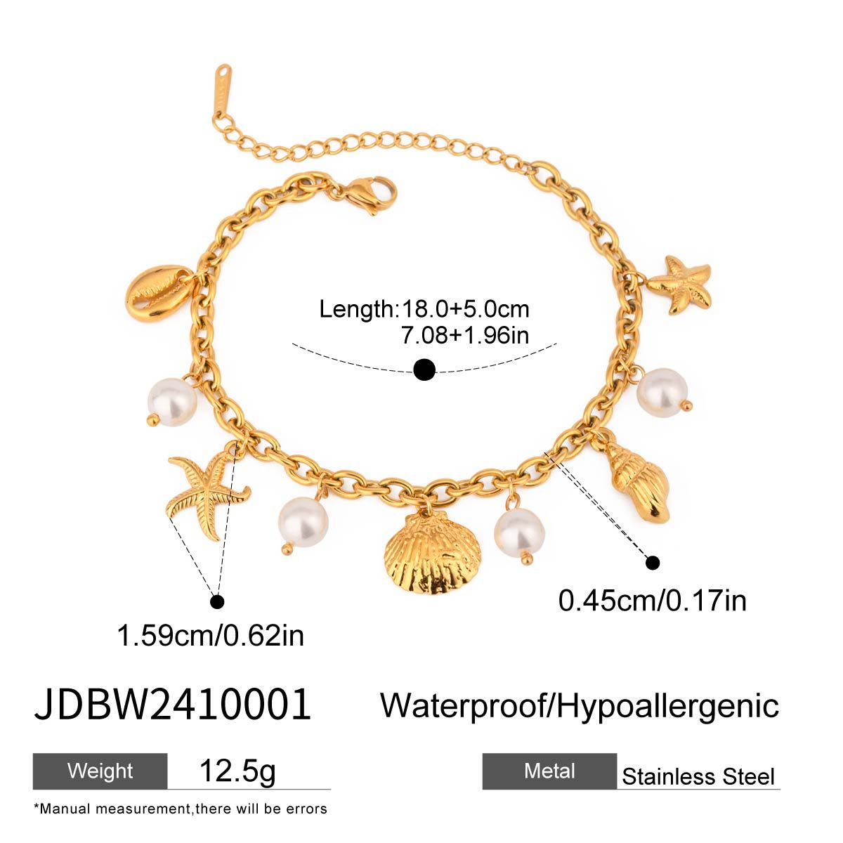 Wholesale  stainless steel 18K gold  pearl starfish bracelet