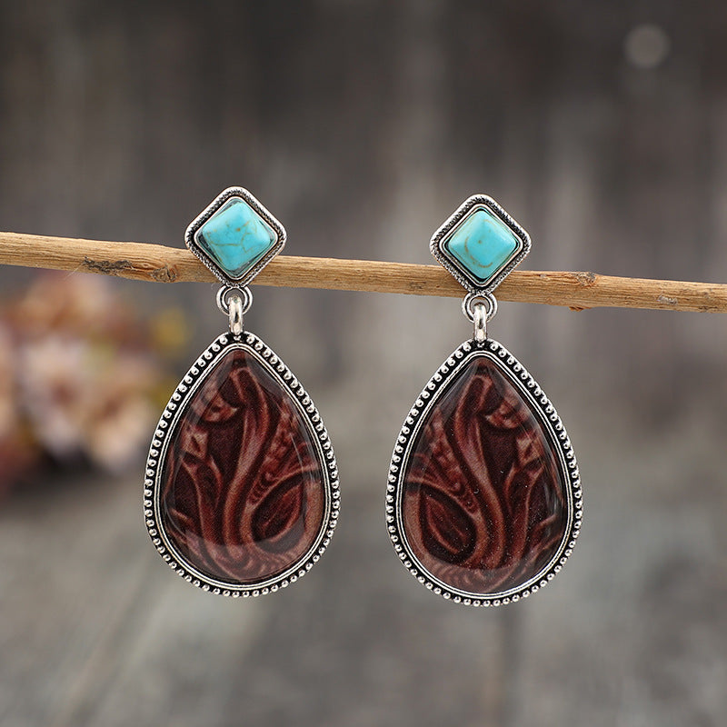 Wholesale retro drop-shaped rubber drop pattern inlaid turquoise alloy fashion earrings