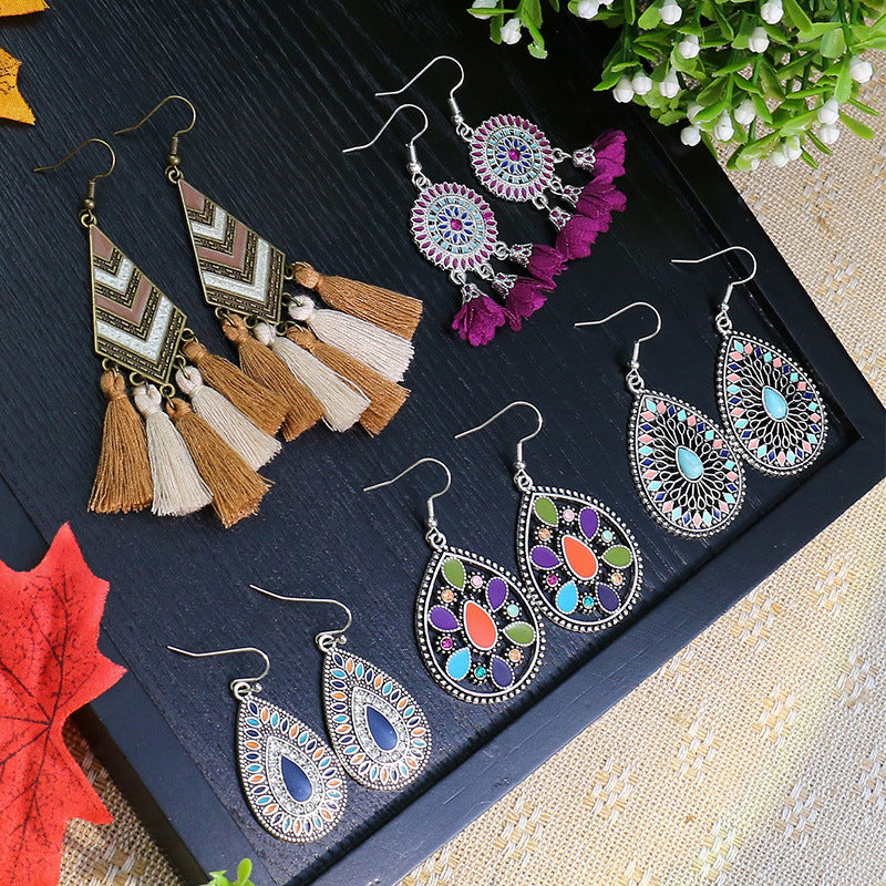 Wholesale Retro Ethnic Tassel Earrings Alloy Oil Drop Jewelry Accessory