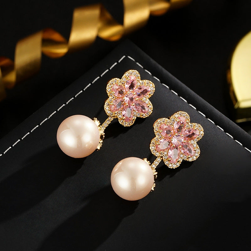 Wholesale Light Luxury Pink Zirconium Flower Earrings