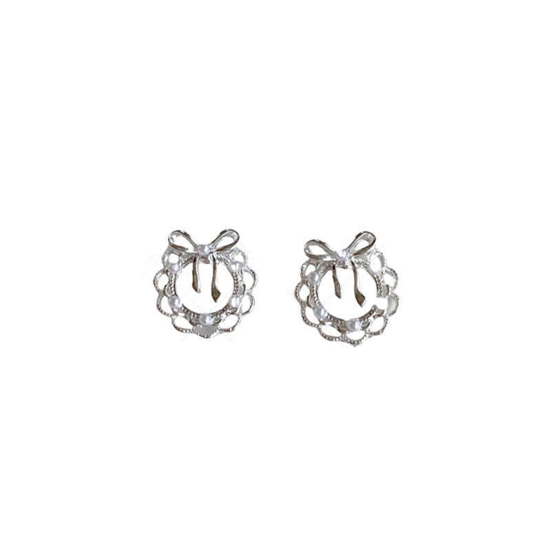 Wholesale Plain Silver Heart Lace Bow Earrings Three-Piece Set Silver Needle Earrings