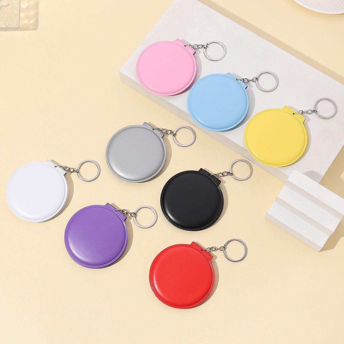 Wholesale Candy Color Cosmetic Mirror Leather Small Round Mirror Portable Folding Keychain Pom Pom ACC-KC-RongR037