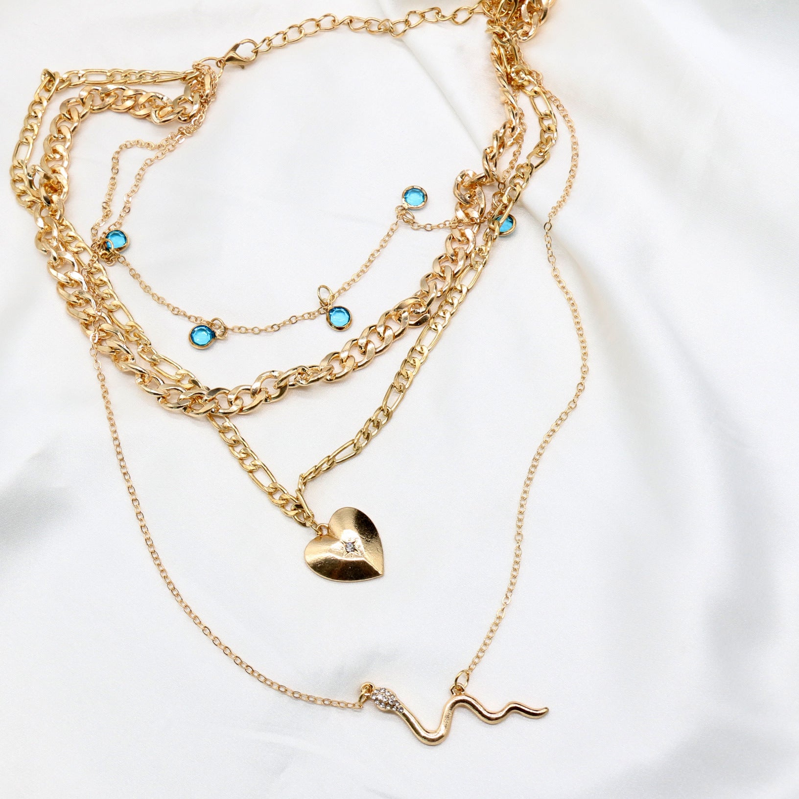 Wholesale Metal Diamond Blue Water Drop Love Multi-layer Tassel Necklace