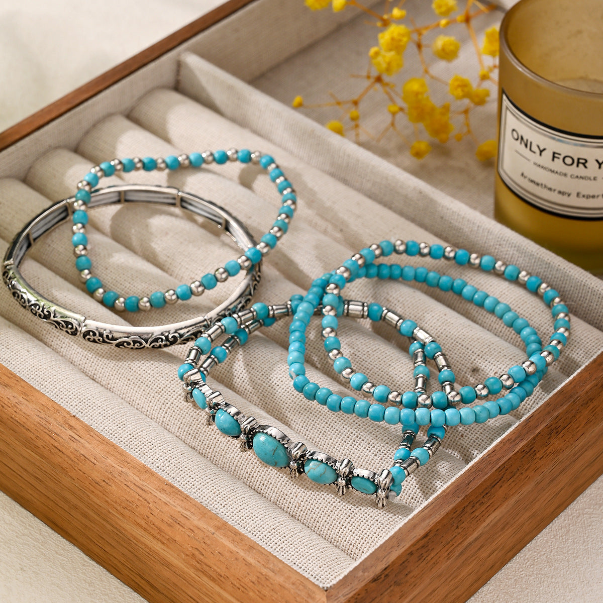 Wholesale 5-Piece Western Cowboy Retro Turquoise Bracelet Set - Fashion Accessory for Boutique Resale