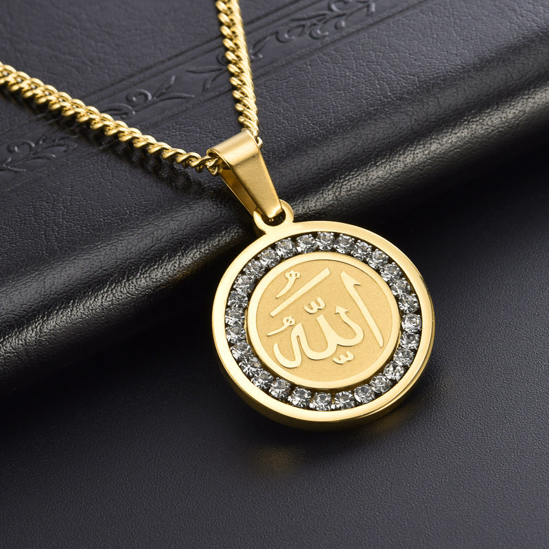 Wholesale Stainless Steel Round Plate with Diamond Pendant Necklace