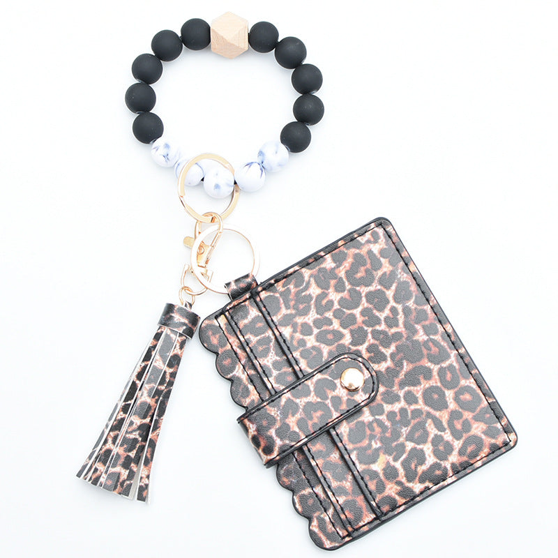 Wholesale Leopard Plaid Western Style Card Holder Silicone Beaded Wristlet Keychain ACC-KC-QiuXue011
