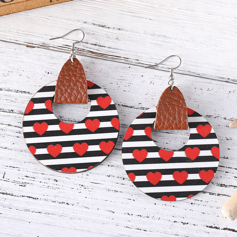 Wholesale Wooden Valentine' s Day Striped Heart Earrings