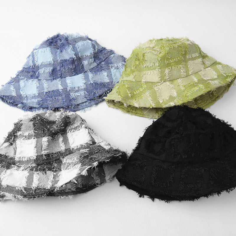Wholesale  frayed Plaid fisherman hat fashion Plaid face-looking small basin hat