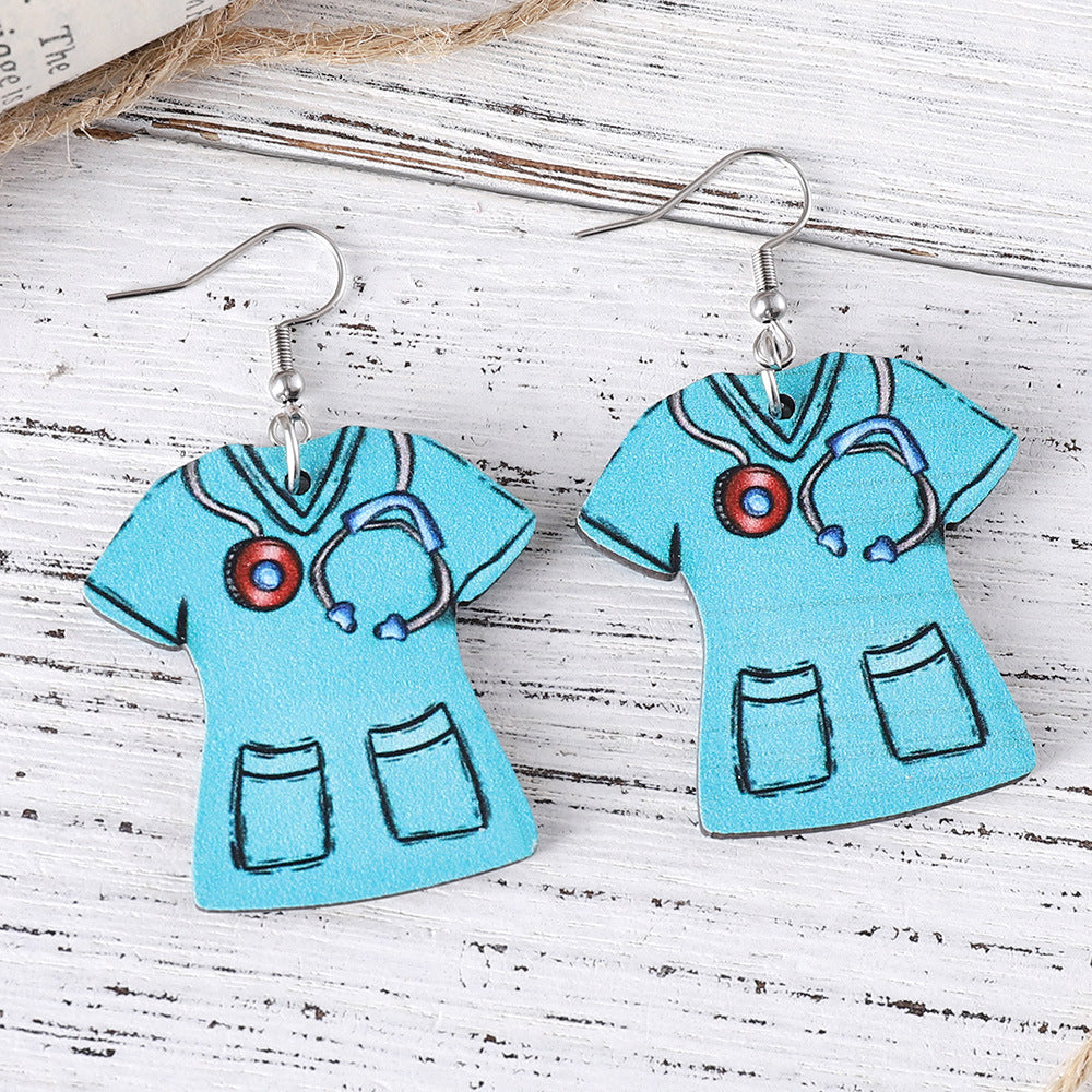 Wholesale Nurses'  Day Earrings: Double-Sided Wooden Design Featuring Nurse Uniform and Stethoscope Pendants