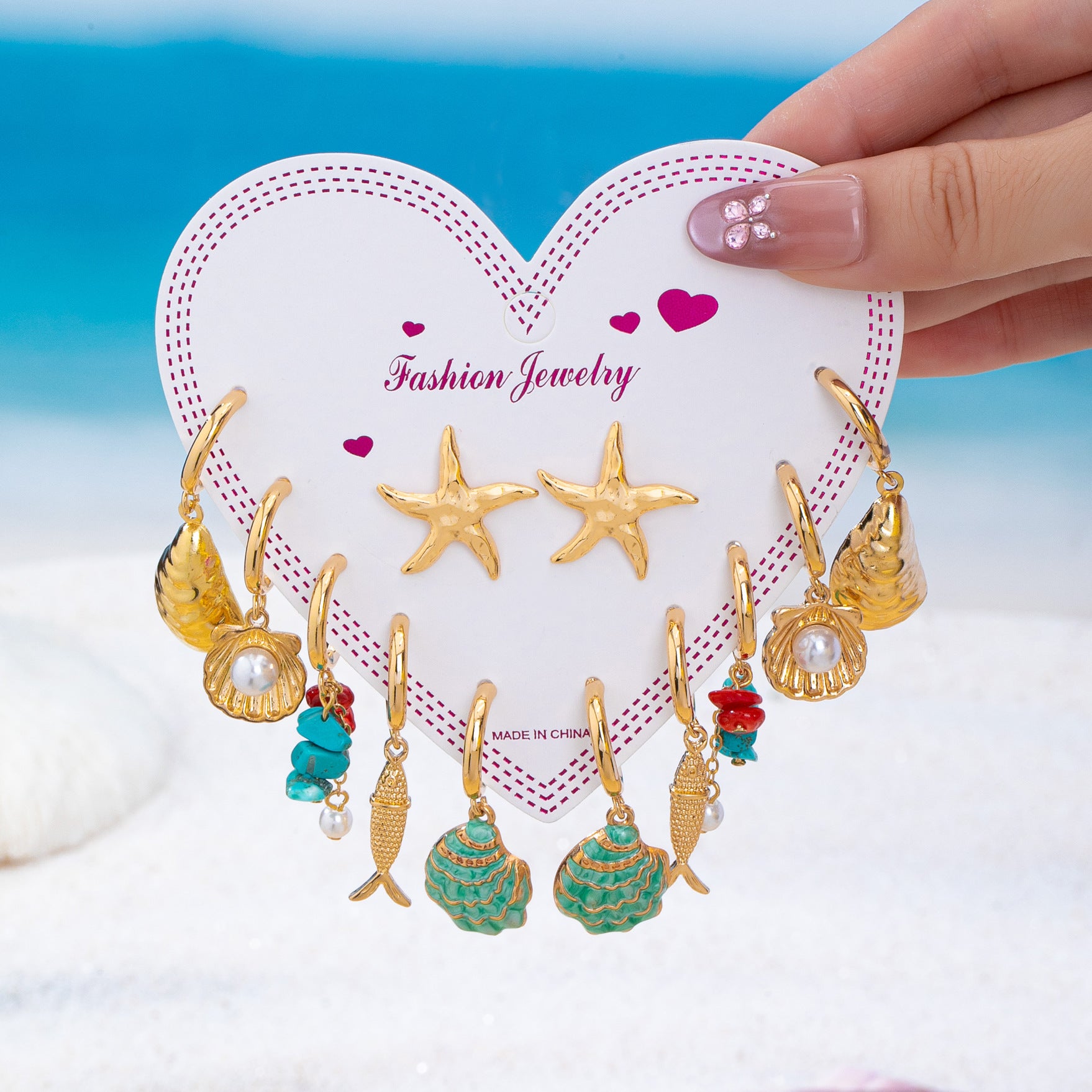 Wholesale Zinc Alloy Ocean Starfish Shell Earrings Set 6 Pairs Stylish Beach Vacation Jewelry Accessory Boutique Resale Gift