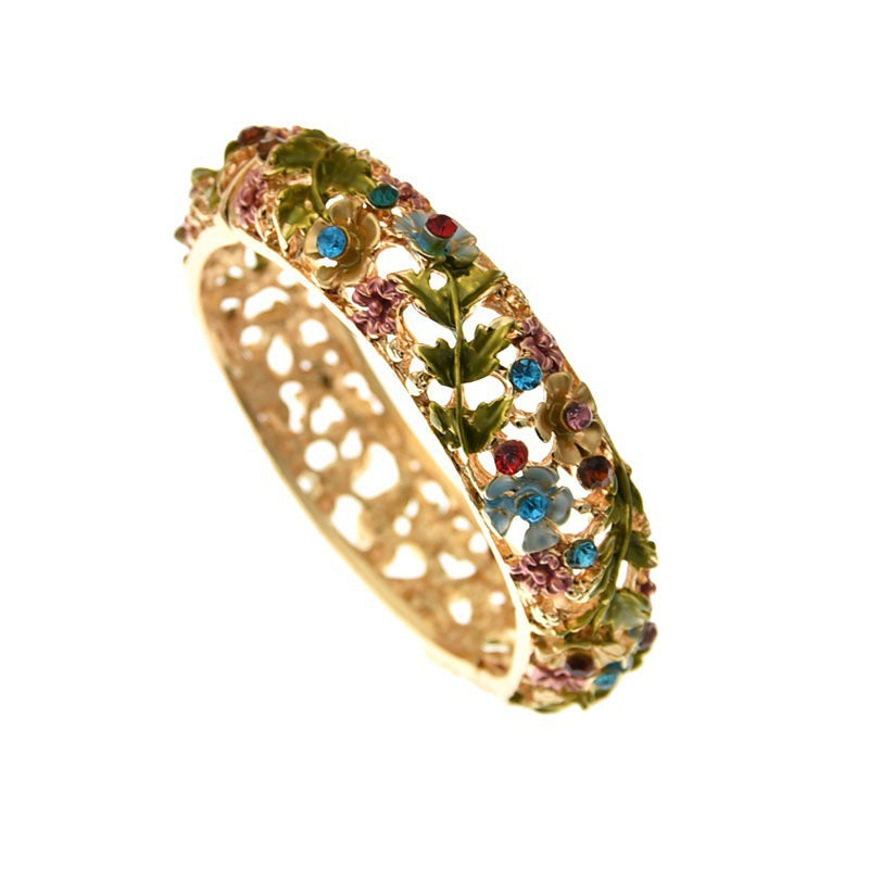 Wholesale  retro rose diamond hollow alloy cloisonne antique painted bracelet women