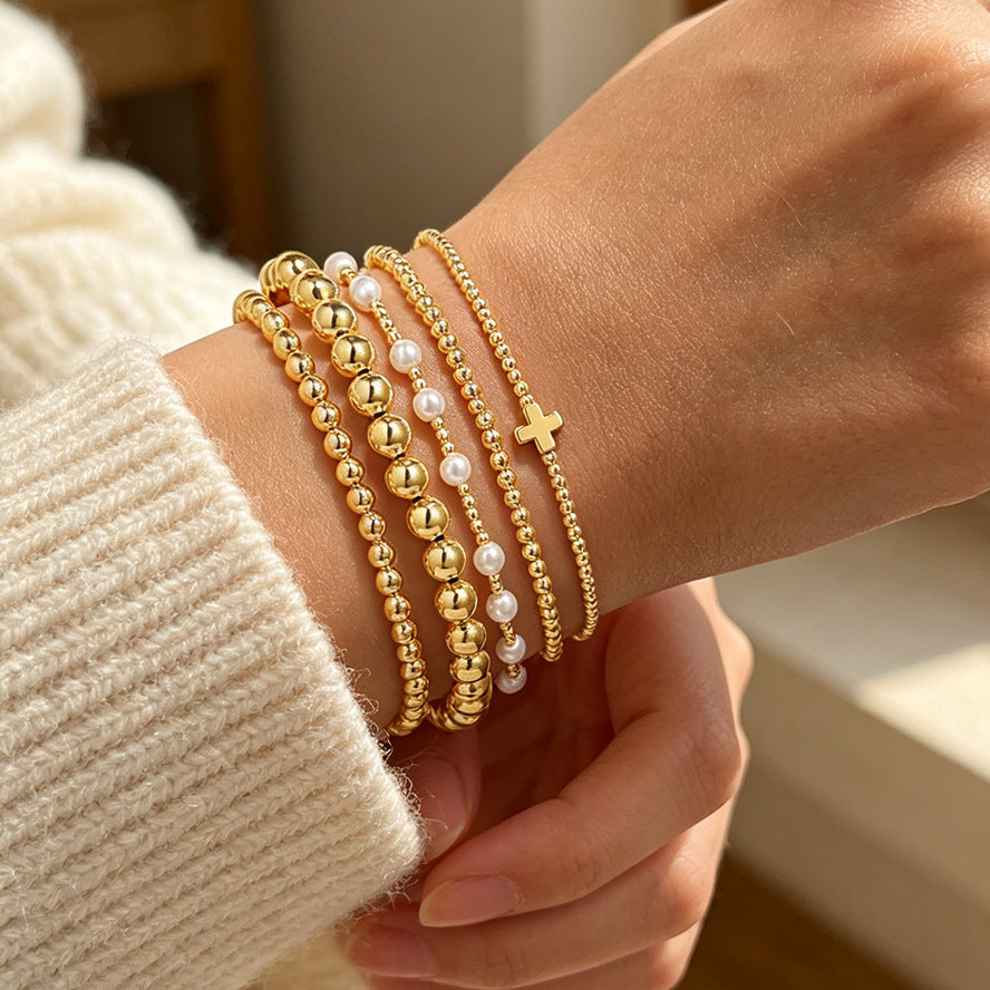 Wholesale Women' s Gold-Plated Contion Pearl Bead Elastic Bracelet Set - Fashion Jewelry Accessory