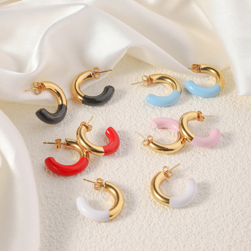 Wholesale Titanium steel earrings  drop oil color enamel  opening C- shaped buckle retro earrings